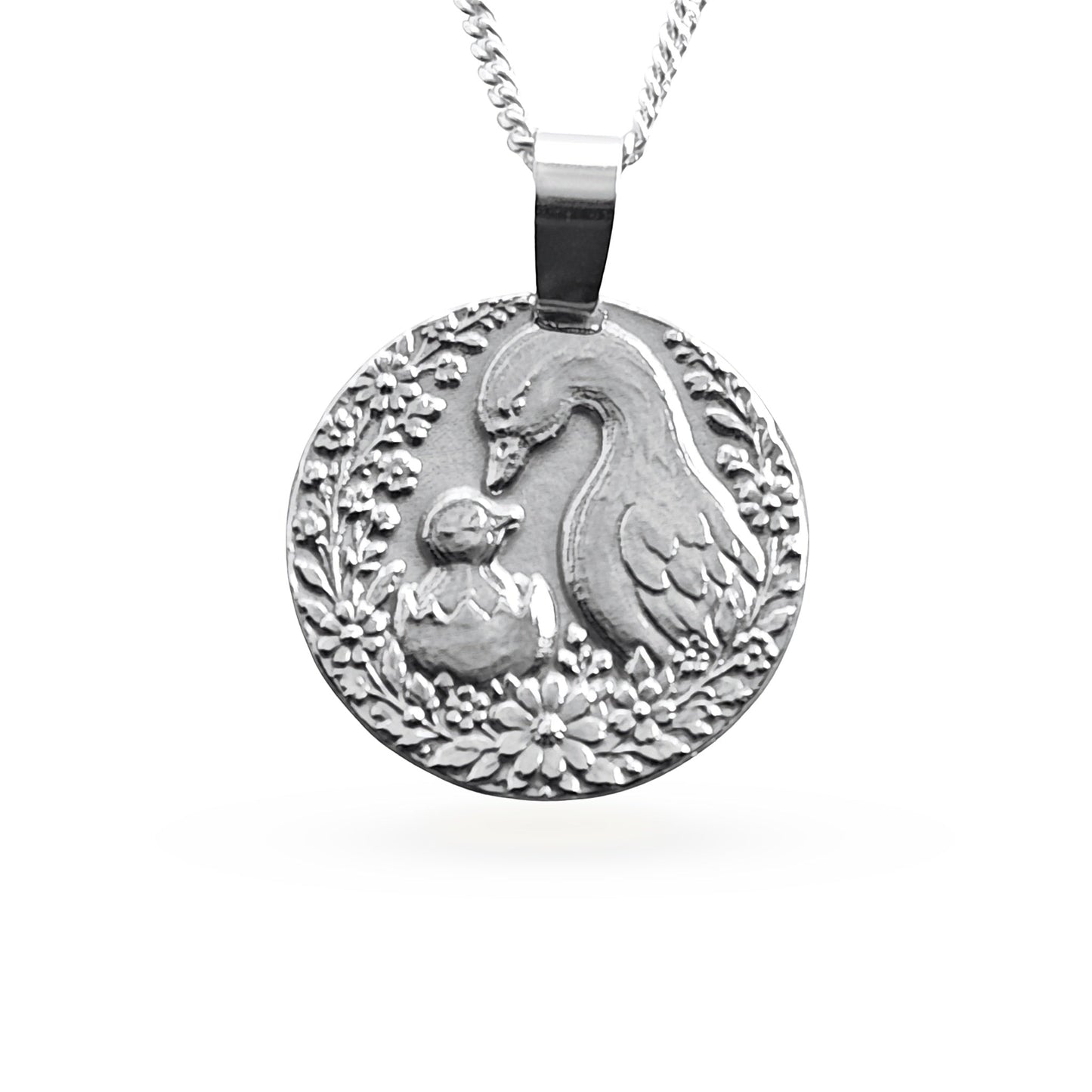 Sterling silver engraved mother goose coin pendant necklace, handcrafted in the UK from recycled sterling silver