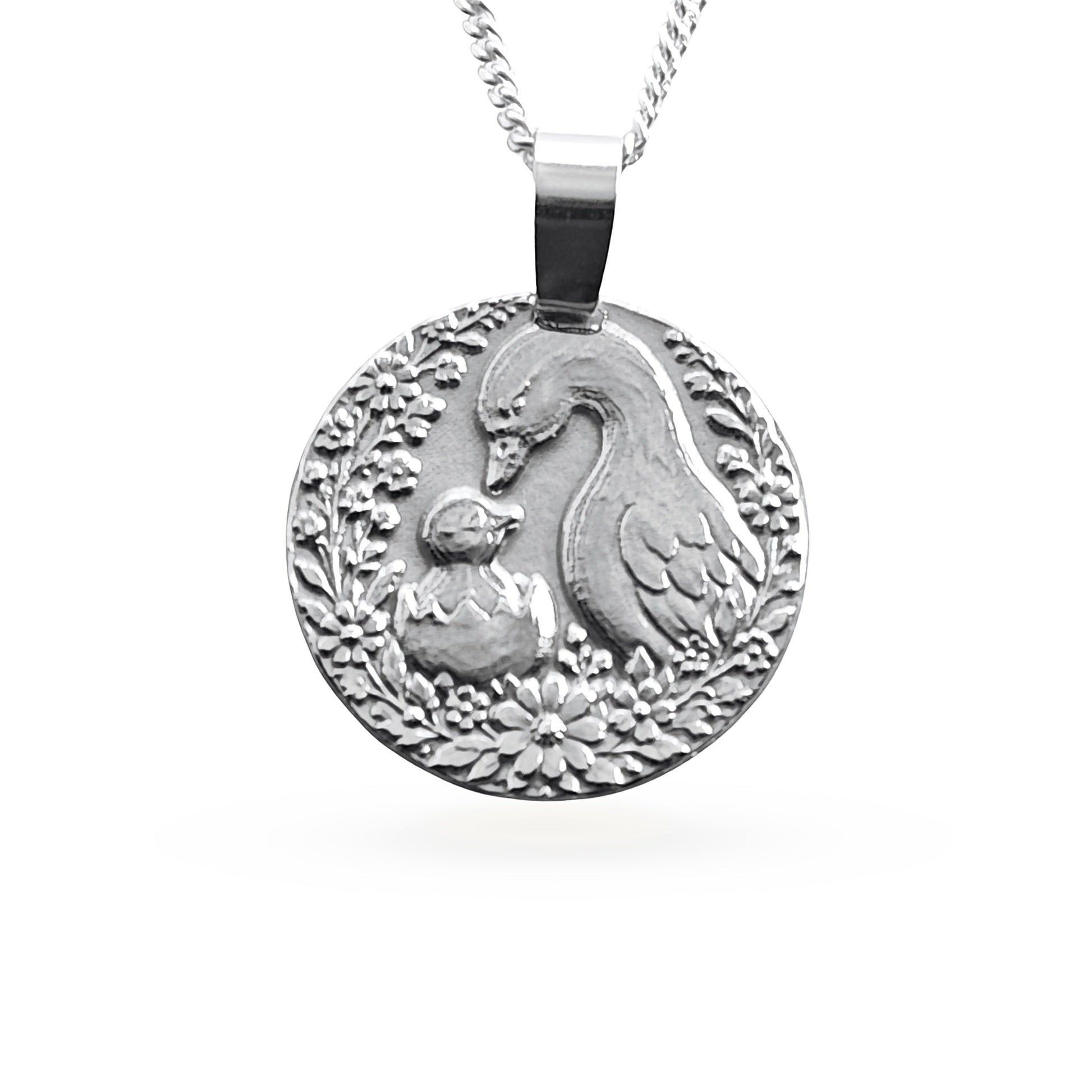 Sterling silver engraved mother goose coin pendant necklace, handcrafted in the UK from recycled sterling silver