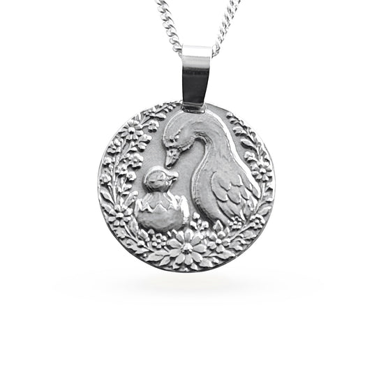 Sterling silver engraved mother goose coin pendant necklace, handcrafted in the UK from recycled sterling silver