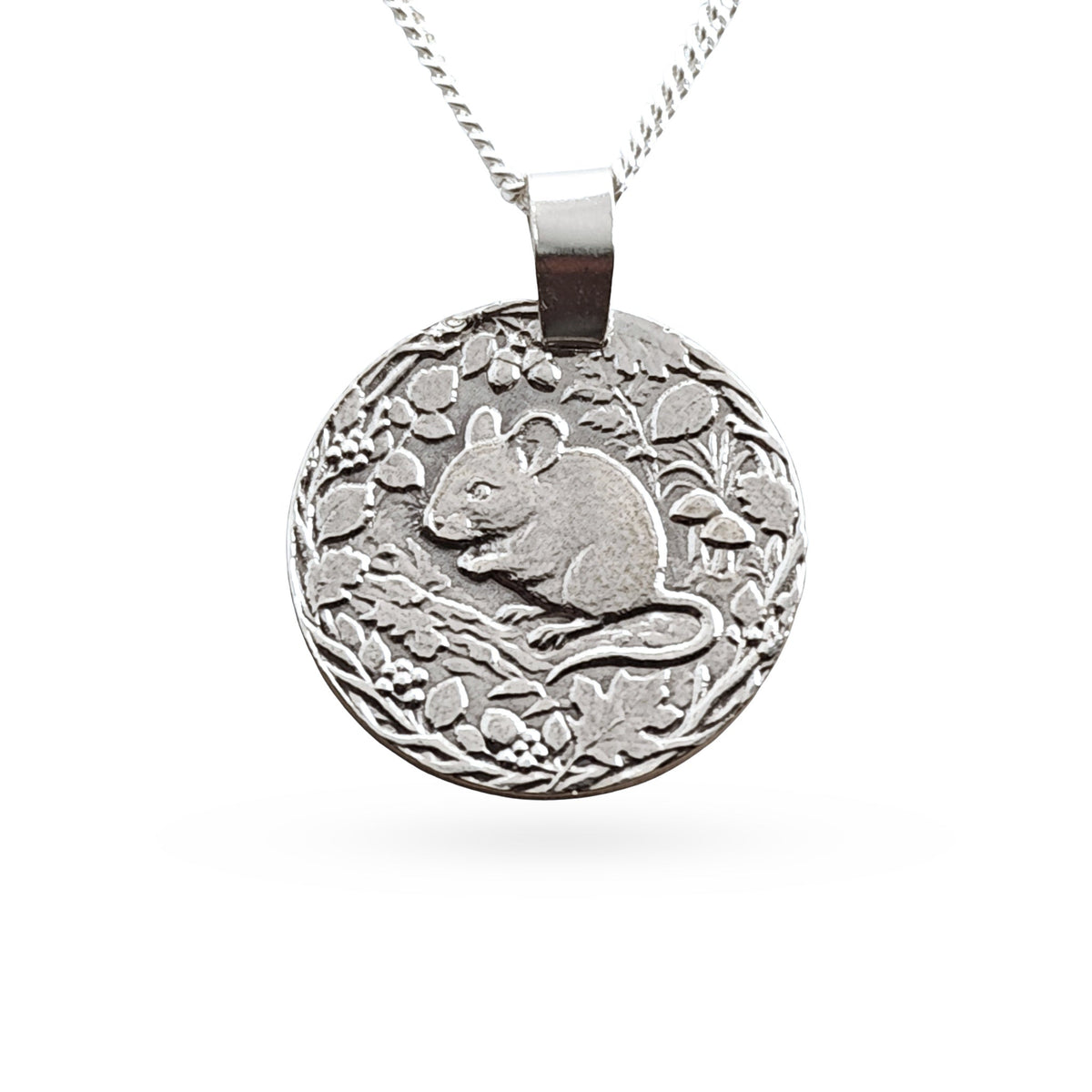Sterling silver engraved mouse coin pendant necklace, handcrafted in the UK from recycled sterling silver