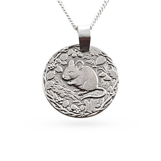 Sterling silver engraved mouse coin pendant necklace, handcrafted in the UK from recycled sterling silver