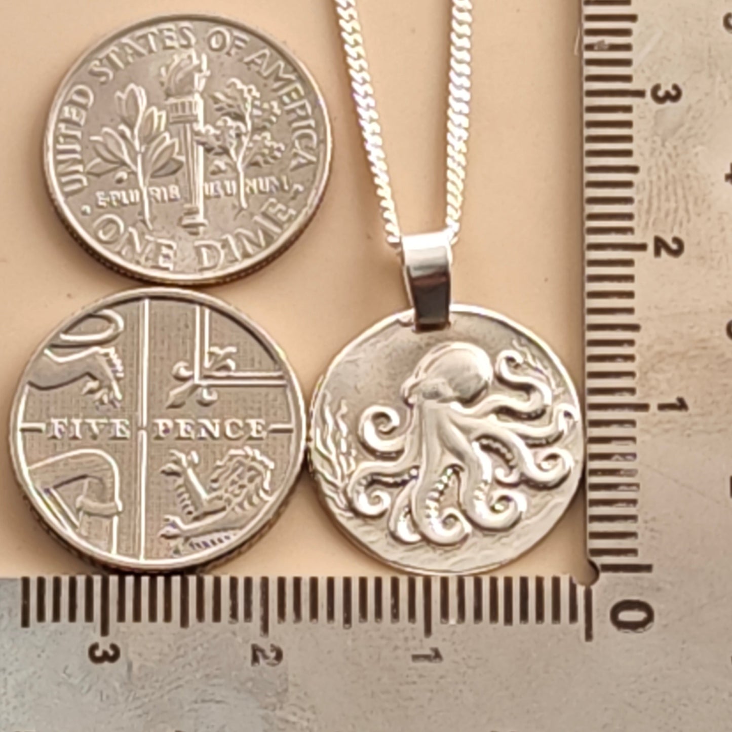 Octopus Engraved Sterling Silver Coin Necklace