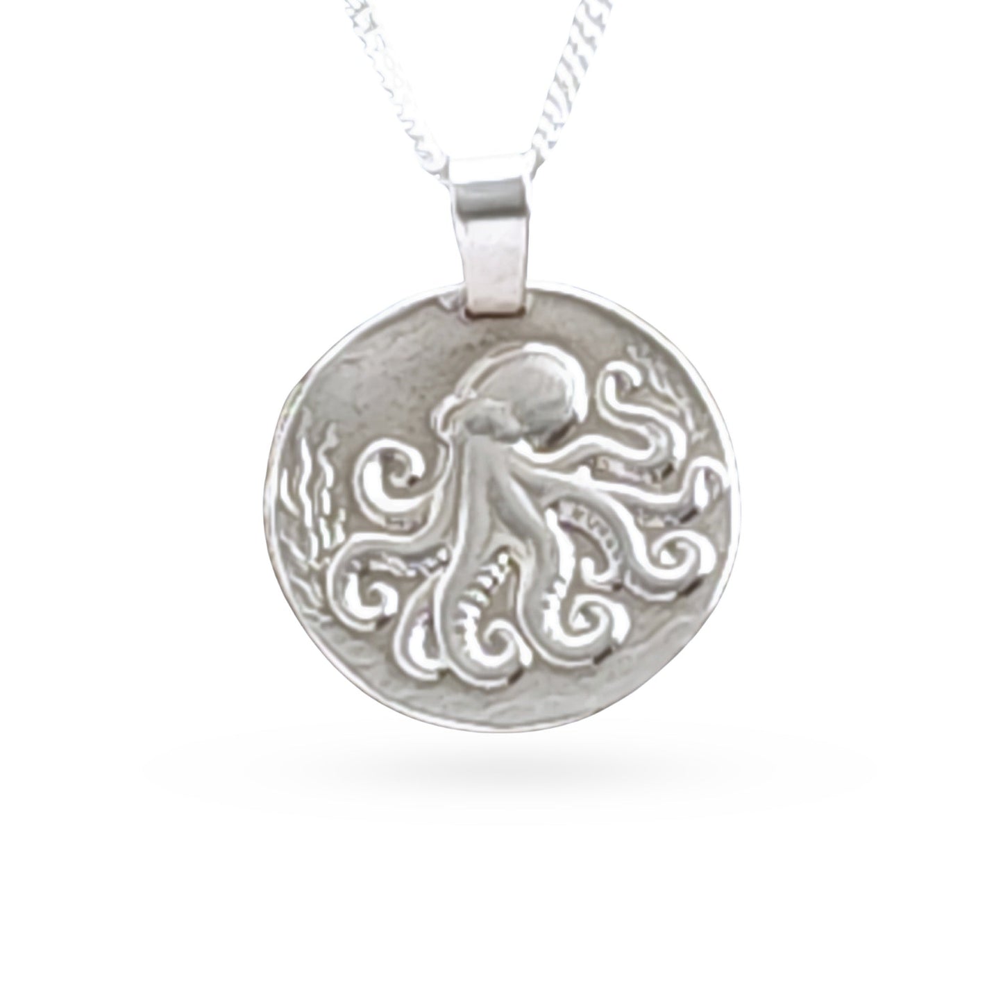 Sterling silver engraved octopus coin pendant necklace, handcrafted in the UK from recycled sterling silver