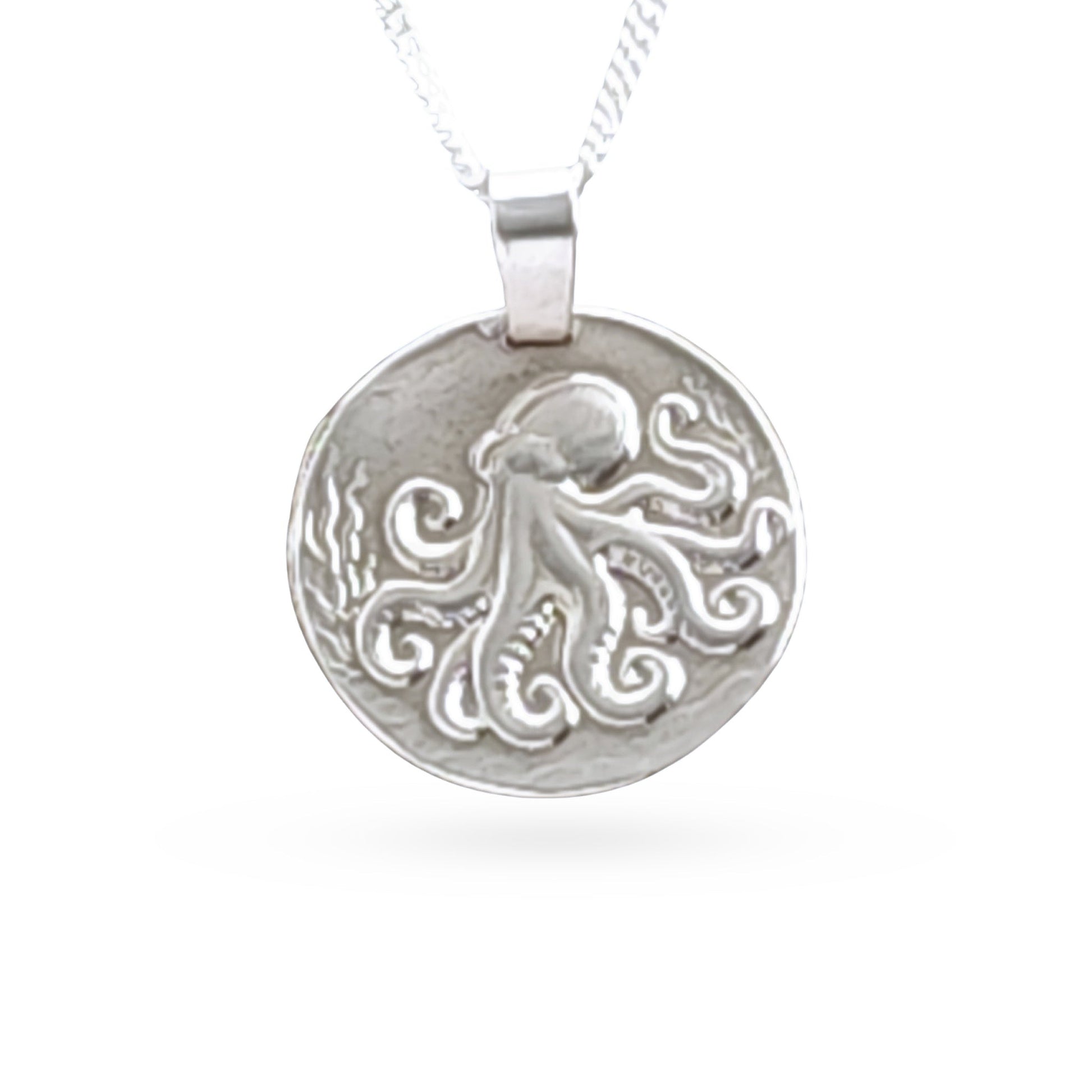 Sterling silver engraved octopus coin pendant necklace, handcrafted in the UK from recycled sterling silver