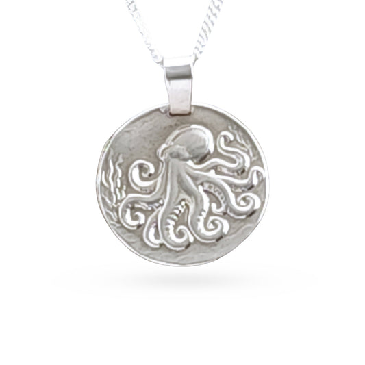 Sterling silver engraved octopus coin pendant necklace, handcrafted in the UK from recycled sterling silver