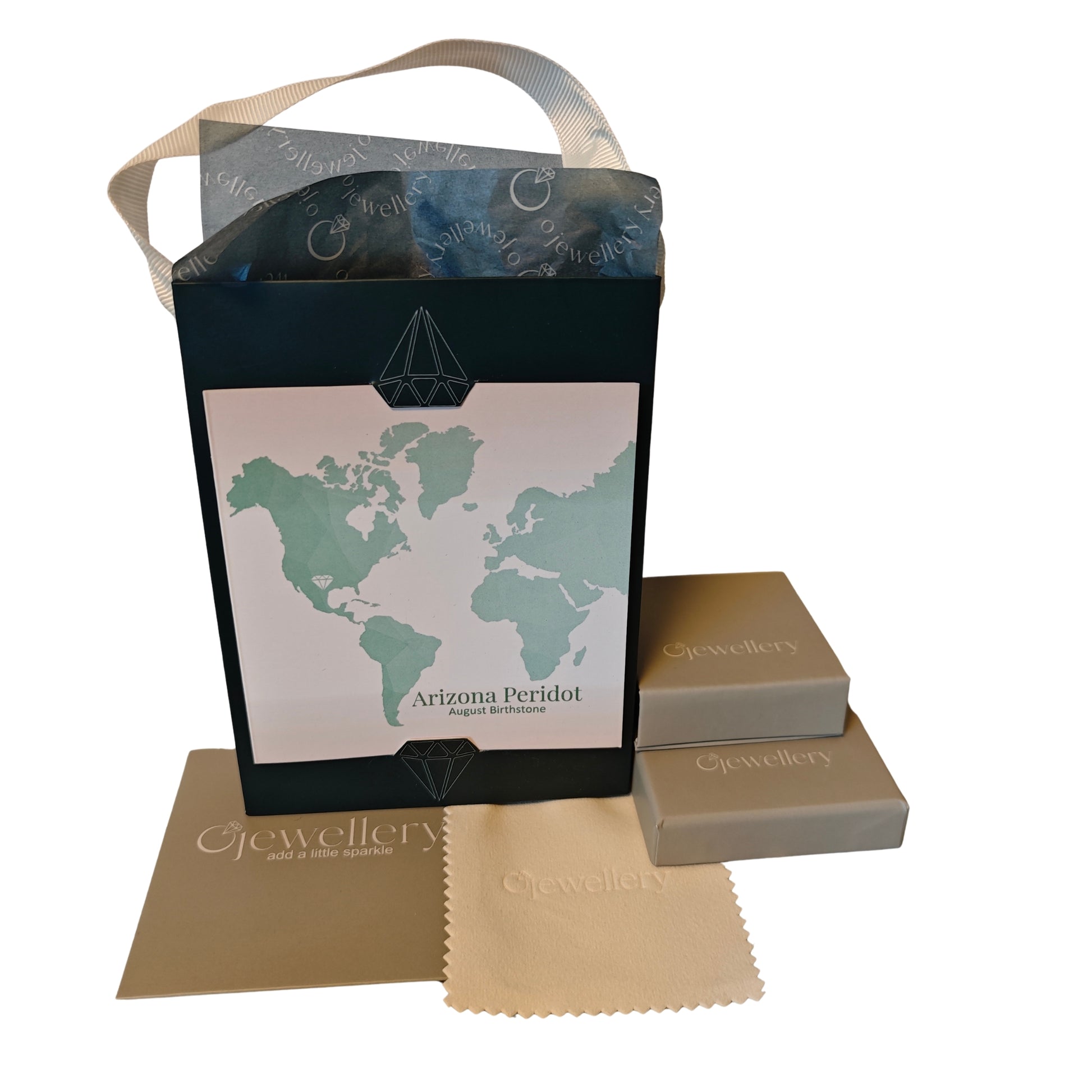 Ojewellery gift packaging, gift bag, cleaning cloth, jewellery box, peridot information card with space for a gift message