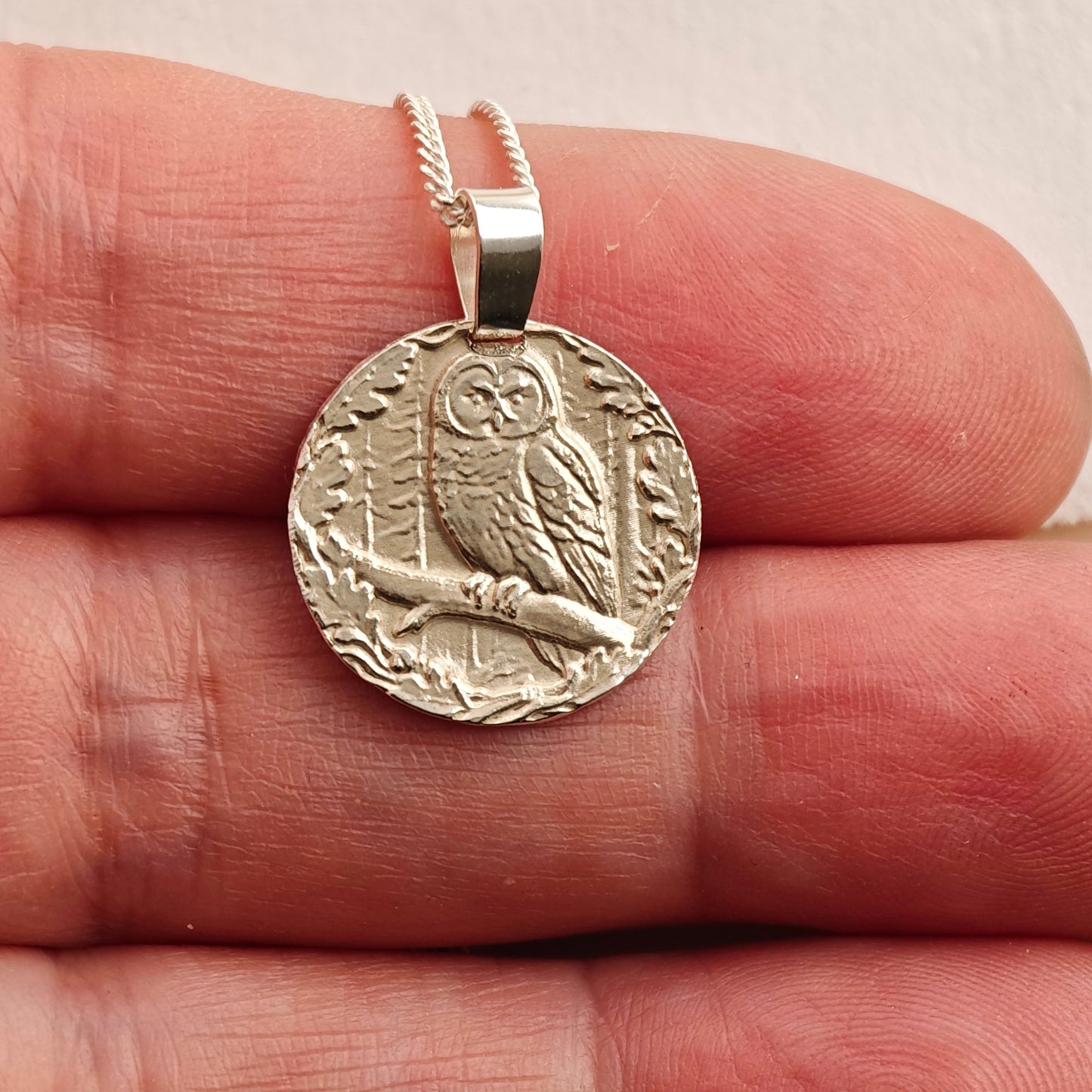 Owl Coin Necklace – Deep Engraved Recycled Sterling Silver