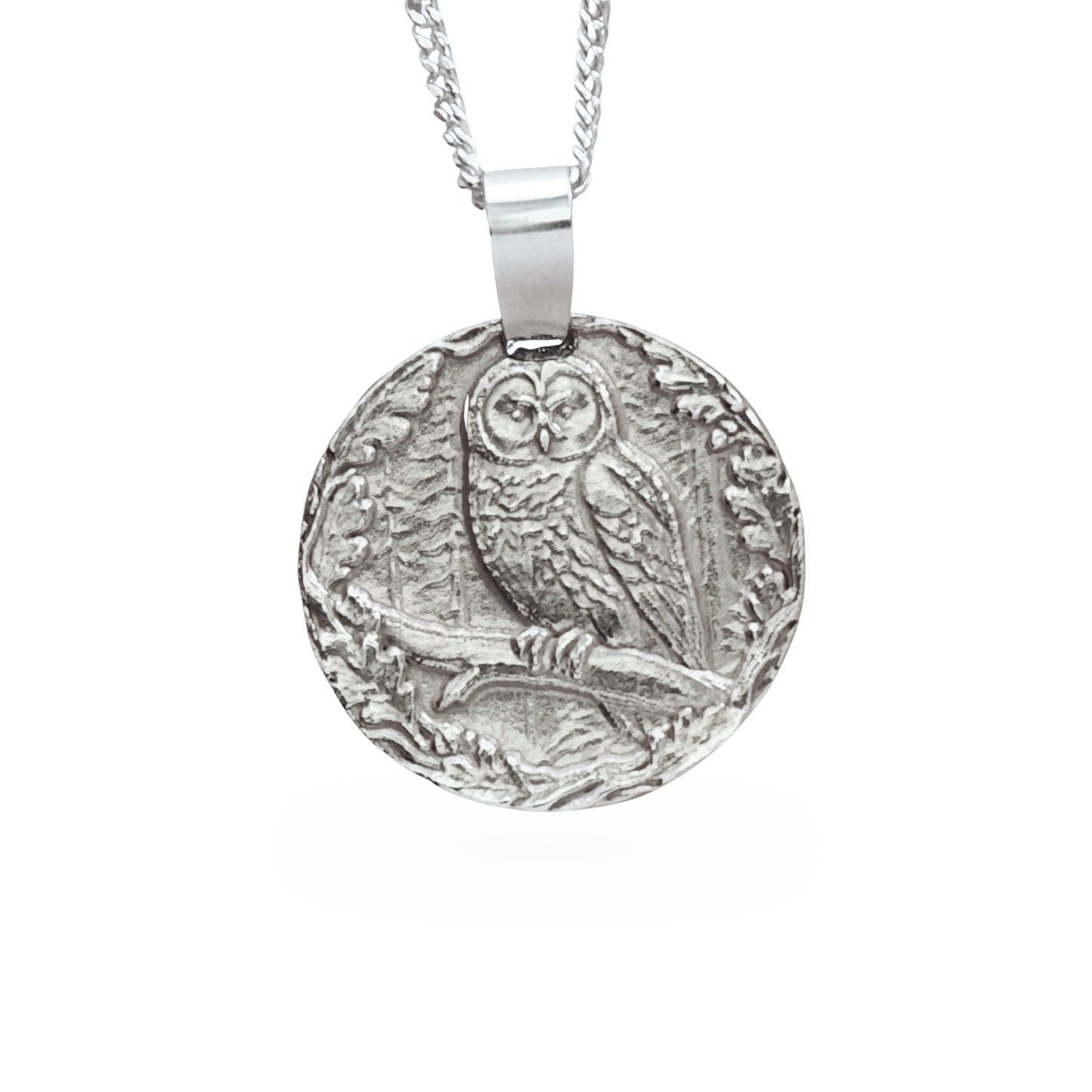 Sterling silver engraved owl coin pendant necklace, handcrafted in the UK from recycled sterling silver