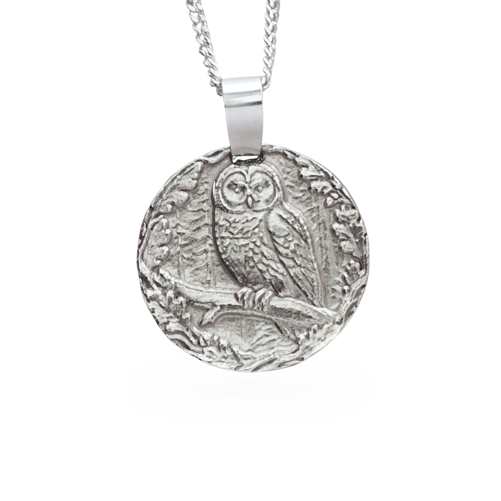 Sterling silver engraved owl coin pendant necklace, handcrafted in the UK from recycled sterling silver