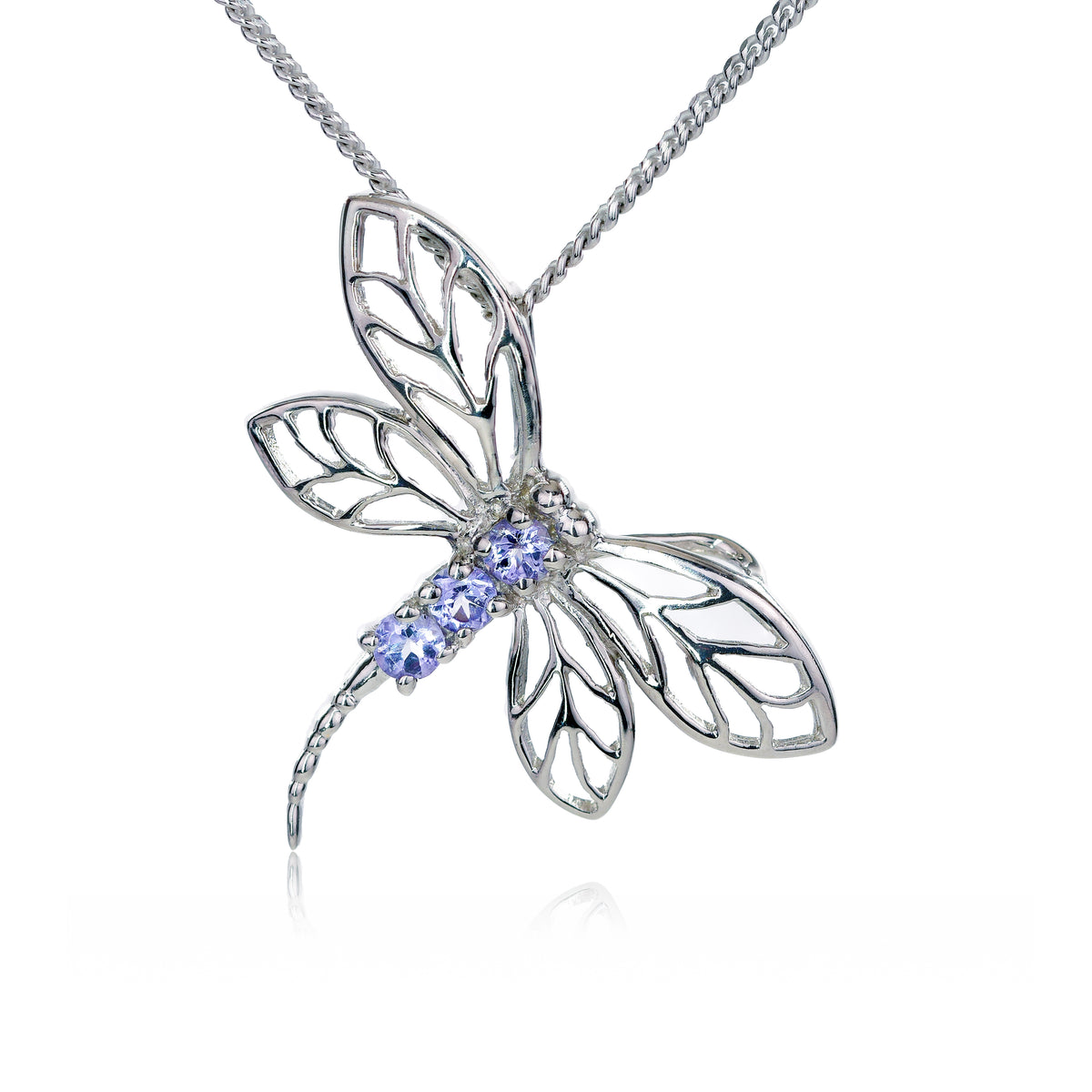 sterling silver necklace tanzanite 0.15ct dragonfly 18'' chain designed in the UK