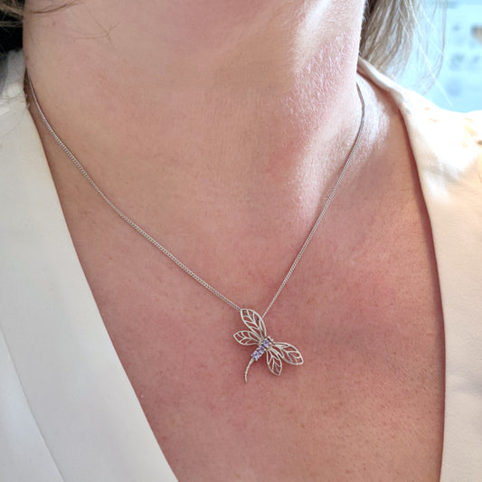 Sterling Silver Necklace Tanzanite 0.15ct Dragonfly  18'' Chain