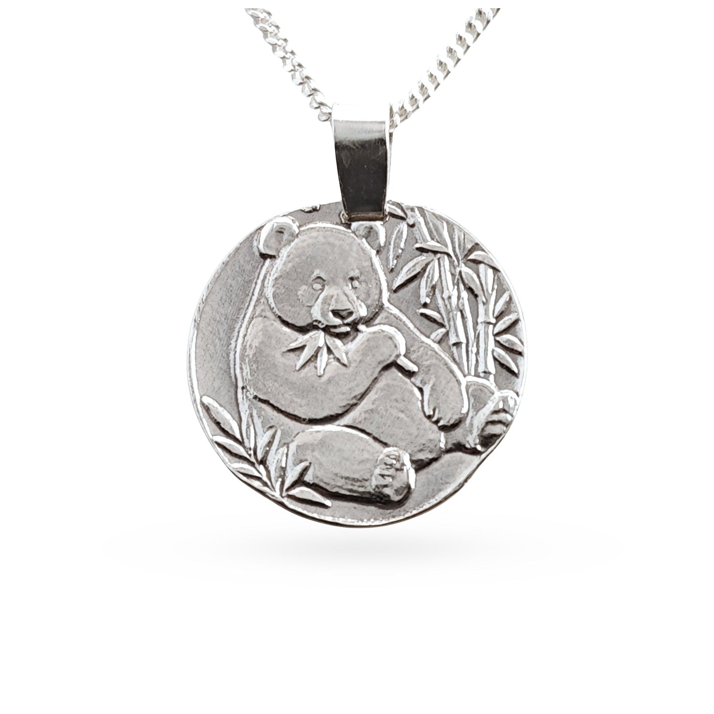 Sterling silver engraved panda coin pendant necklace, handcrafted in the UK from recycled sterling silver