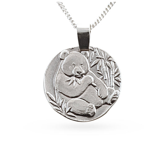 Sterling silver engraved panda coin pendant necklace, handcrafted in the UK from recycled sterling silver