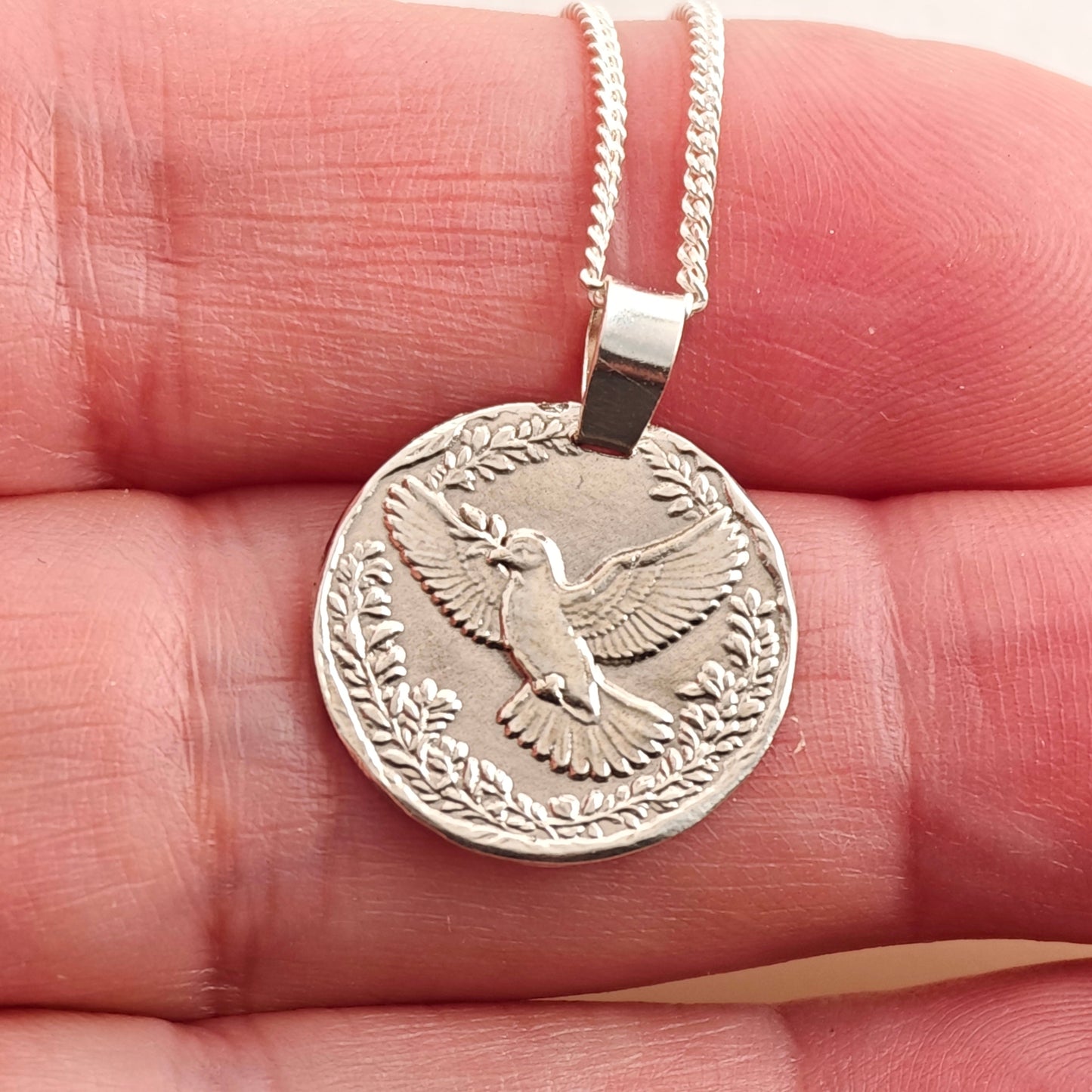 Dove Engraved Sterling Silver Coin Necklace