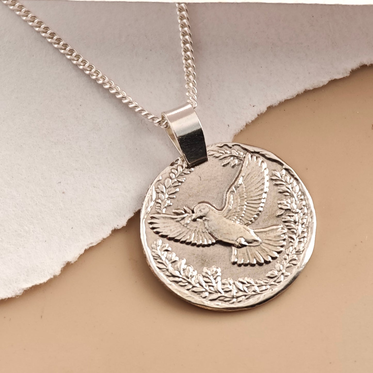 Dove Engraved Sterling Silver Coin Necklace