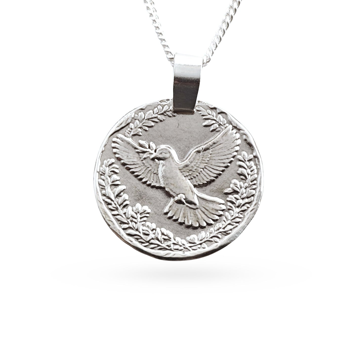 Sterling silver engraved dove coin pendant necklace, handcrafted in the UK from recycled sterling silver