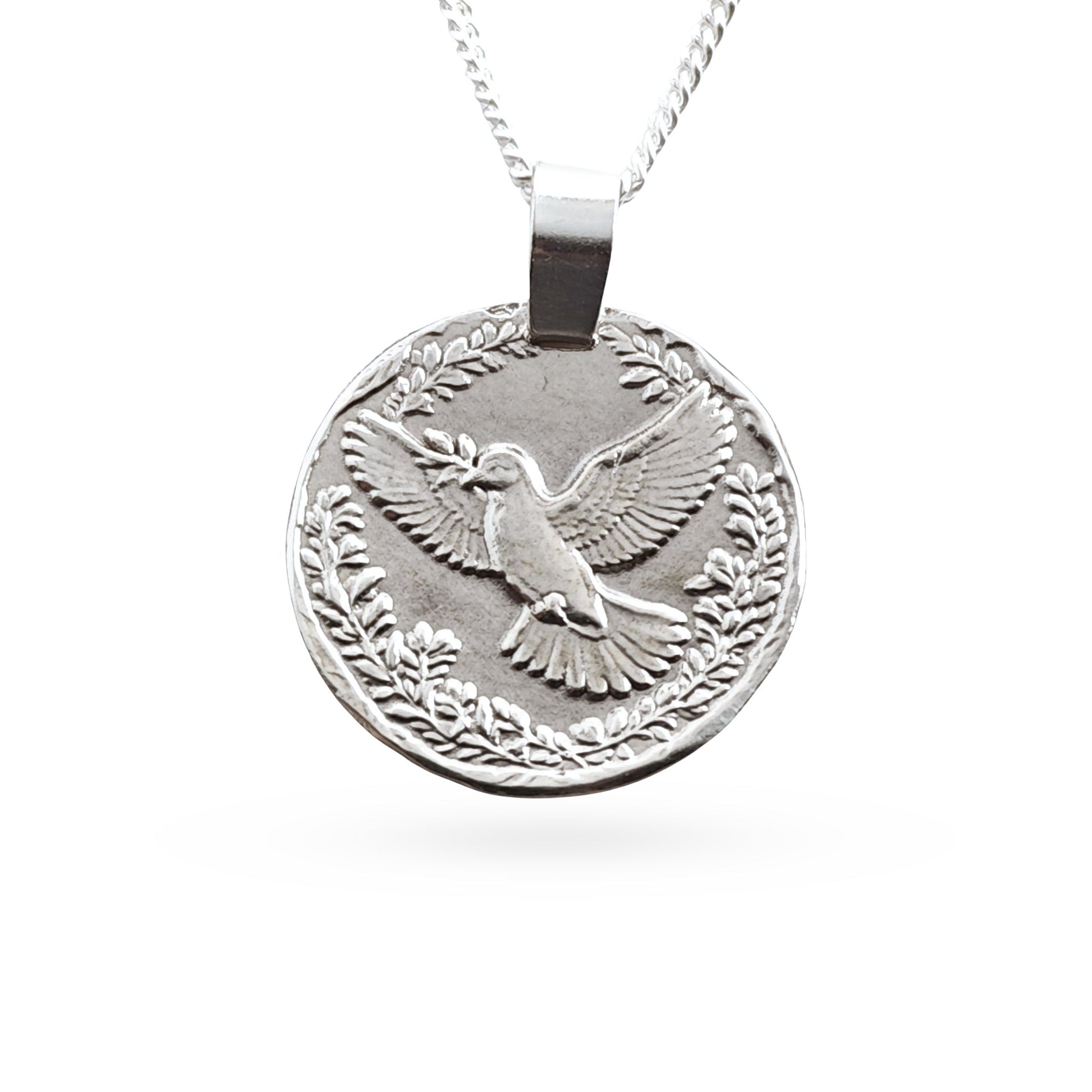 Sterling silver engraved dove coin pendant necklace, handcrafted in the UK from recycled sterling silver