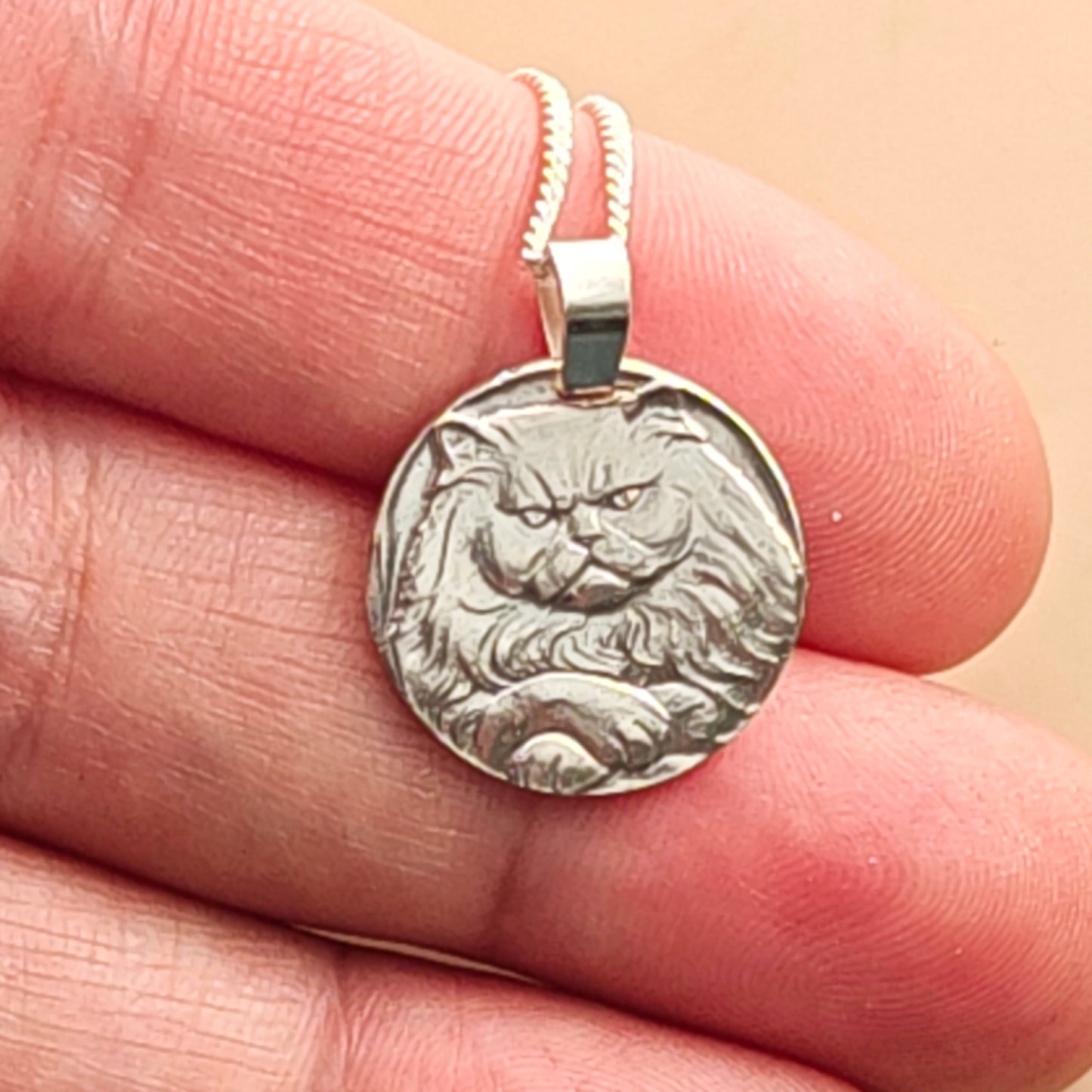 Persian Cat Engraved Sterling Silver Coin Necklace