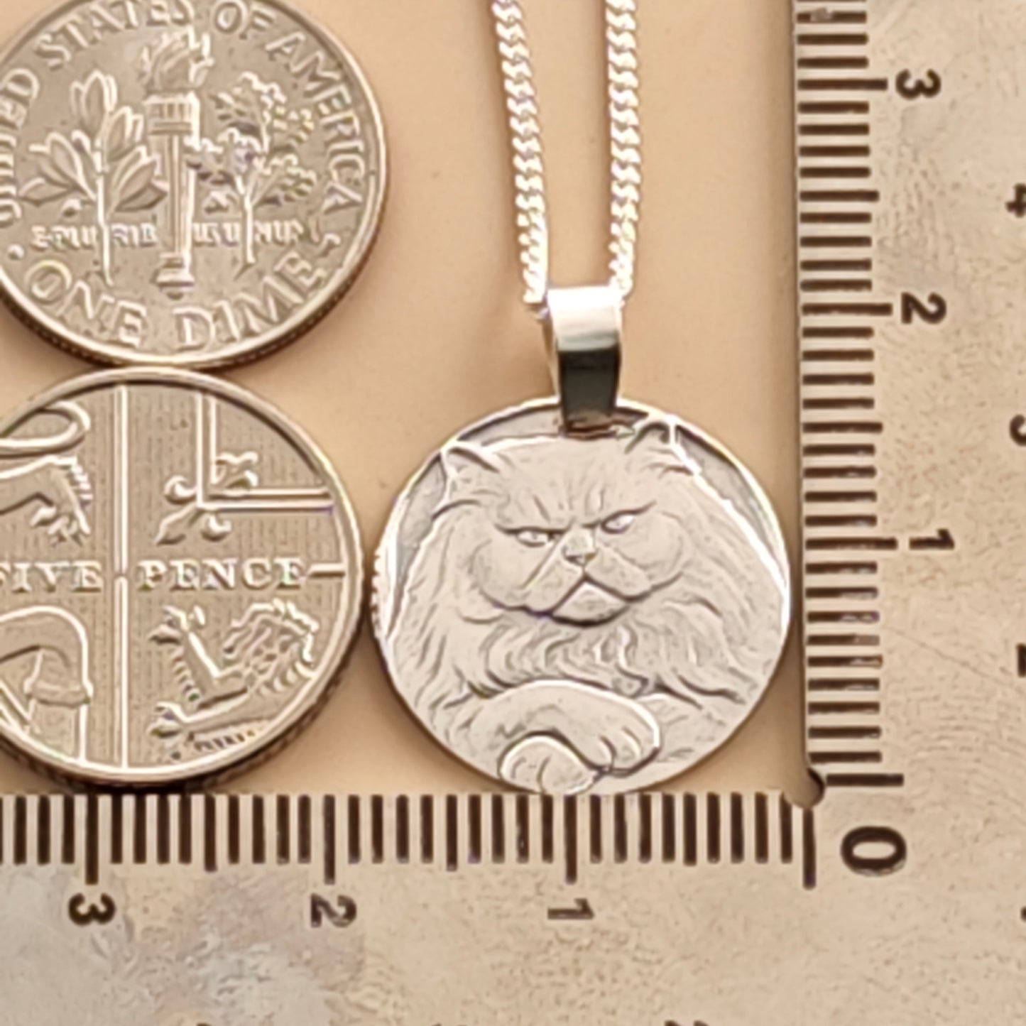 Persian Cat Engraved Sterling Silver Coin Necklace