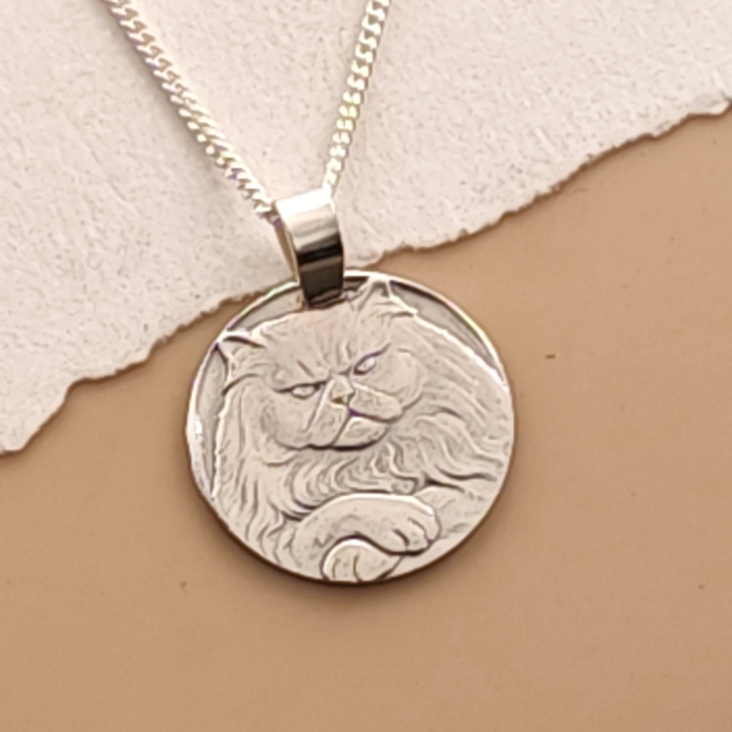 Persian Cat Engraved Sterling Silver Coin Necklace