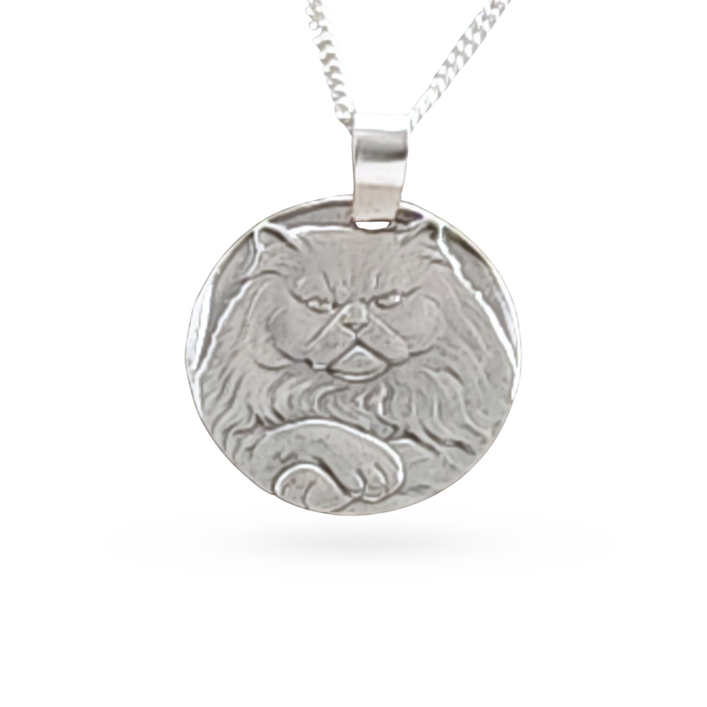 Sterling silver engraved Persian cat coin pendant necklace, handcrafted in the UK from recycled sterling silver