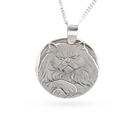 Sterling silver engraved Persian cat coin pendant necklace, handcrafted in the UK from recycled sterling silver