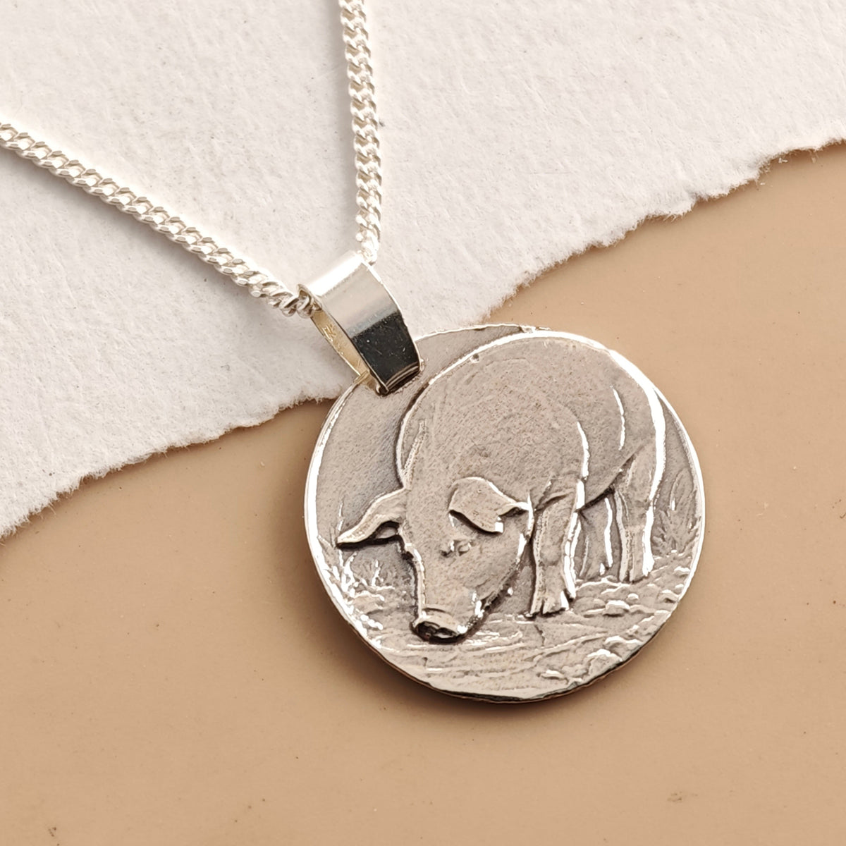 Pig Coin Necklace – Deep Engraved Recycled Sterling Silver