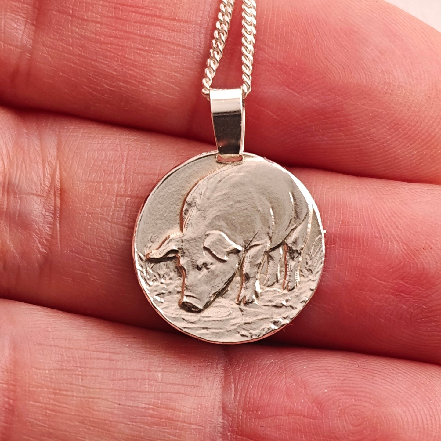 Pig Coin Necklace – Deep Engraved Recycled Sterling Silver