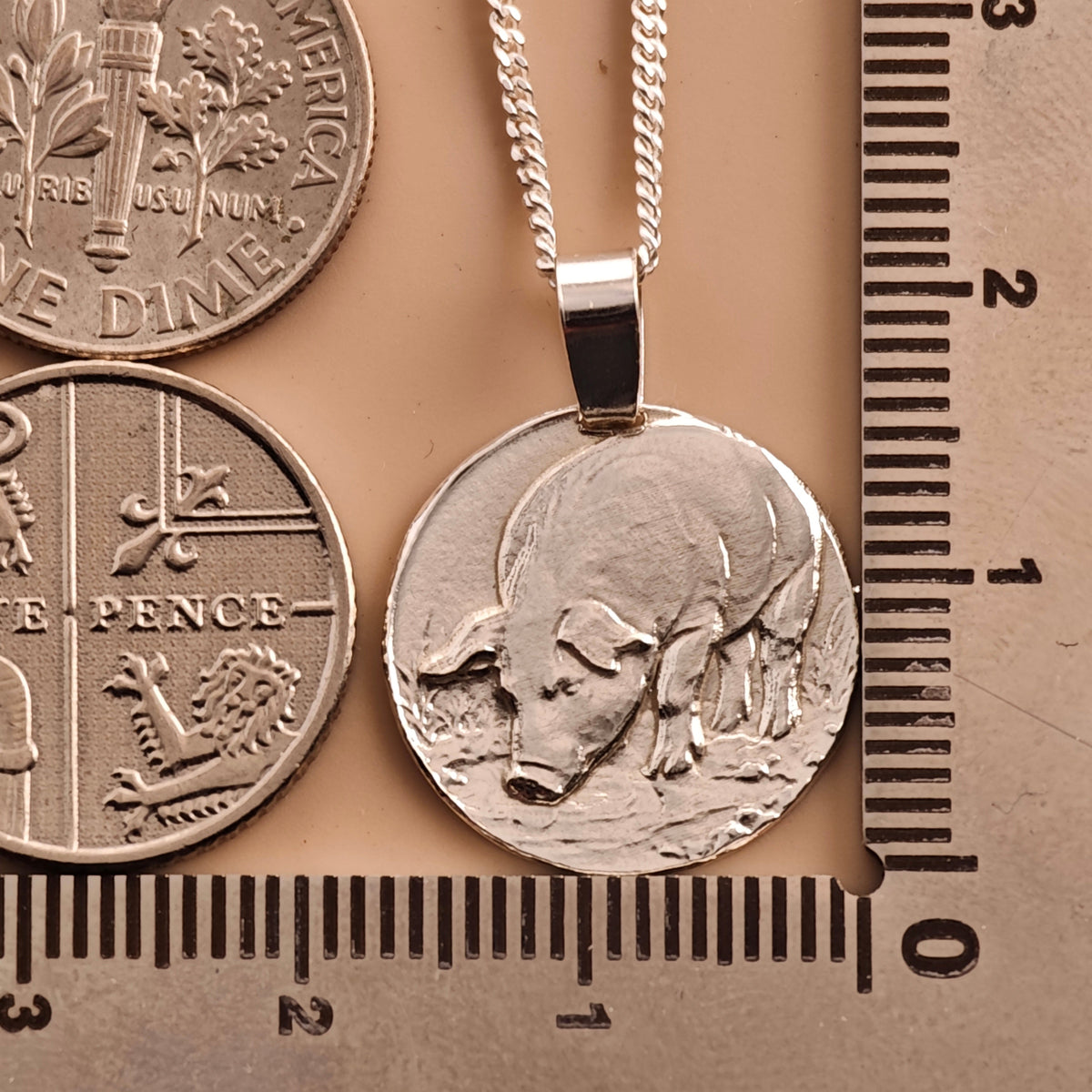 Pig Coin Necklace – Deep Engraved Recycled Sterling Silver