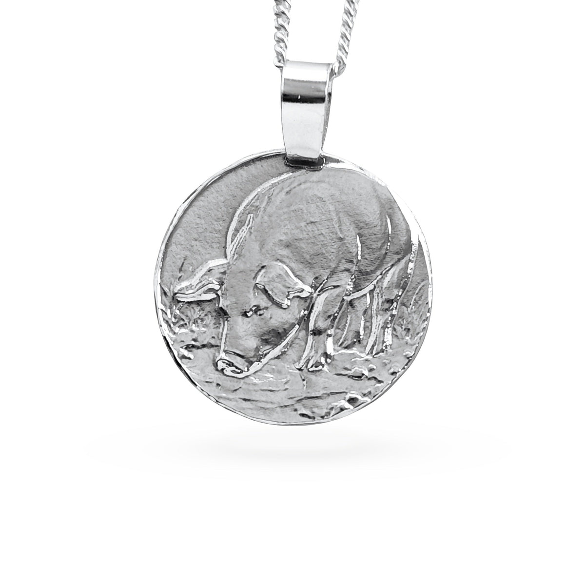 Sterling silver engraved pig coin pendant necklace, handcrafted in the UK from recycled sterling silver