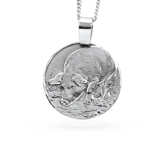 Sterling silver engraved pig coin pendant necklace, handcrafted in the UK from recycled sterling silver