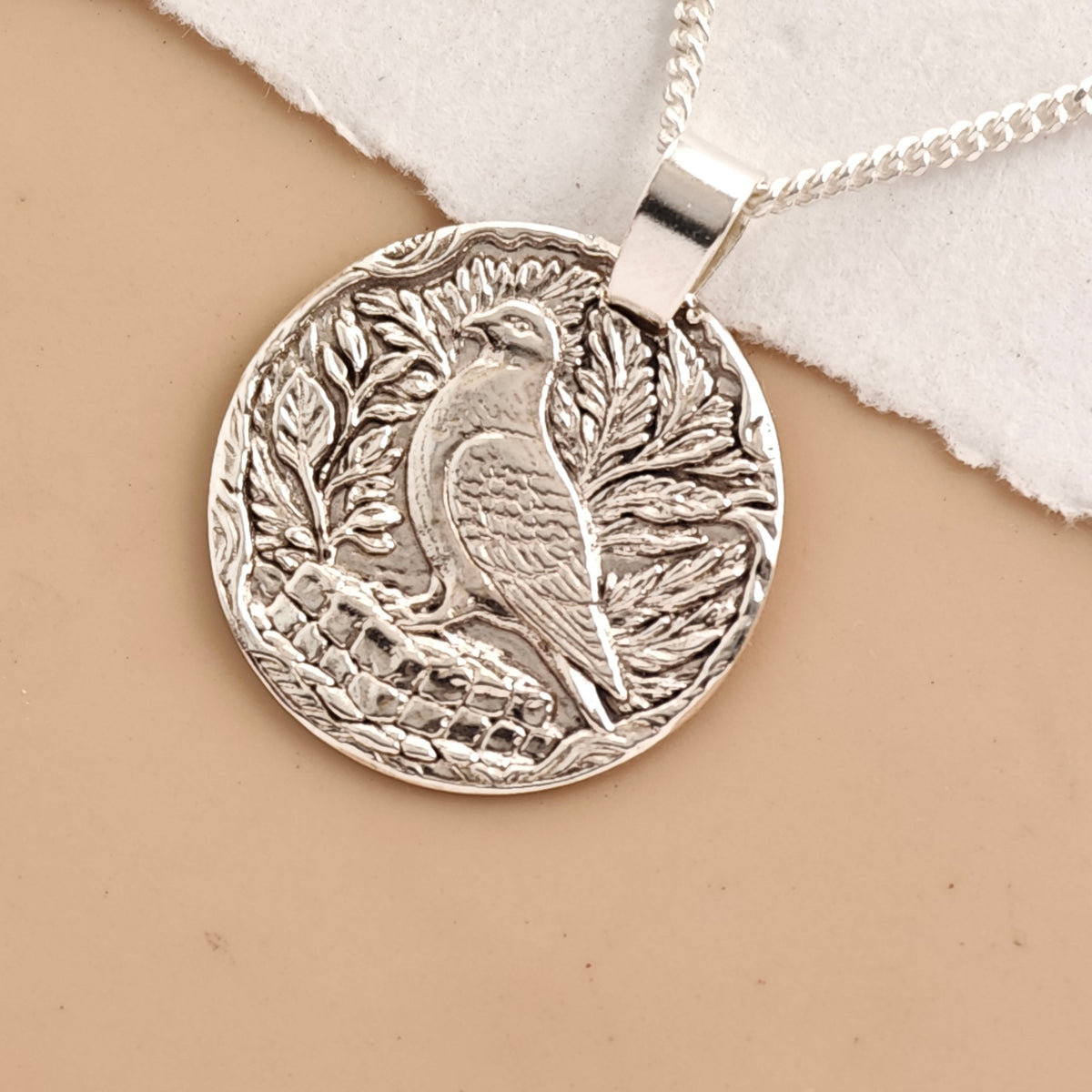 Pigeon Coin Necklace – Deep Engraved Recycled Sterling Silver