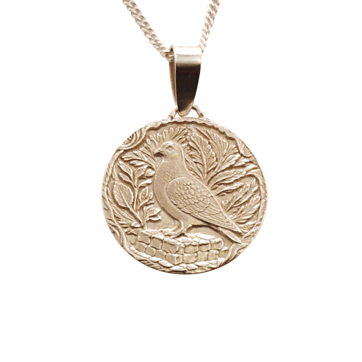 Pigeon Engraved Sterling Silver Coin Necklace