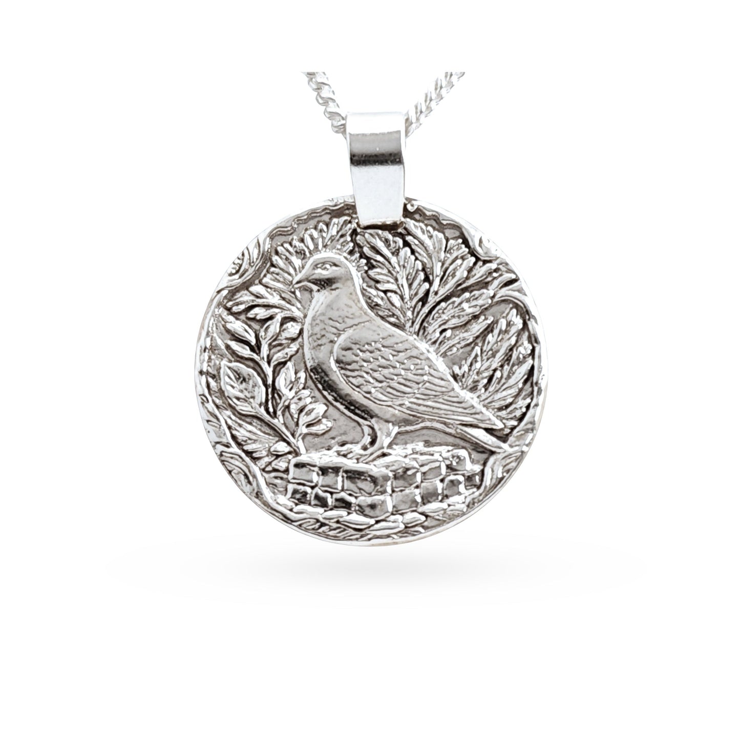 Sterling silver engraved pigeon coin pendant necklace, handcrafted in the UK from recycled sterling silver