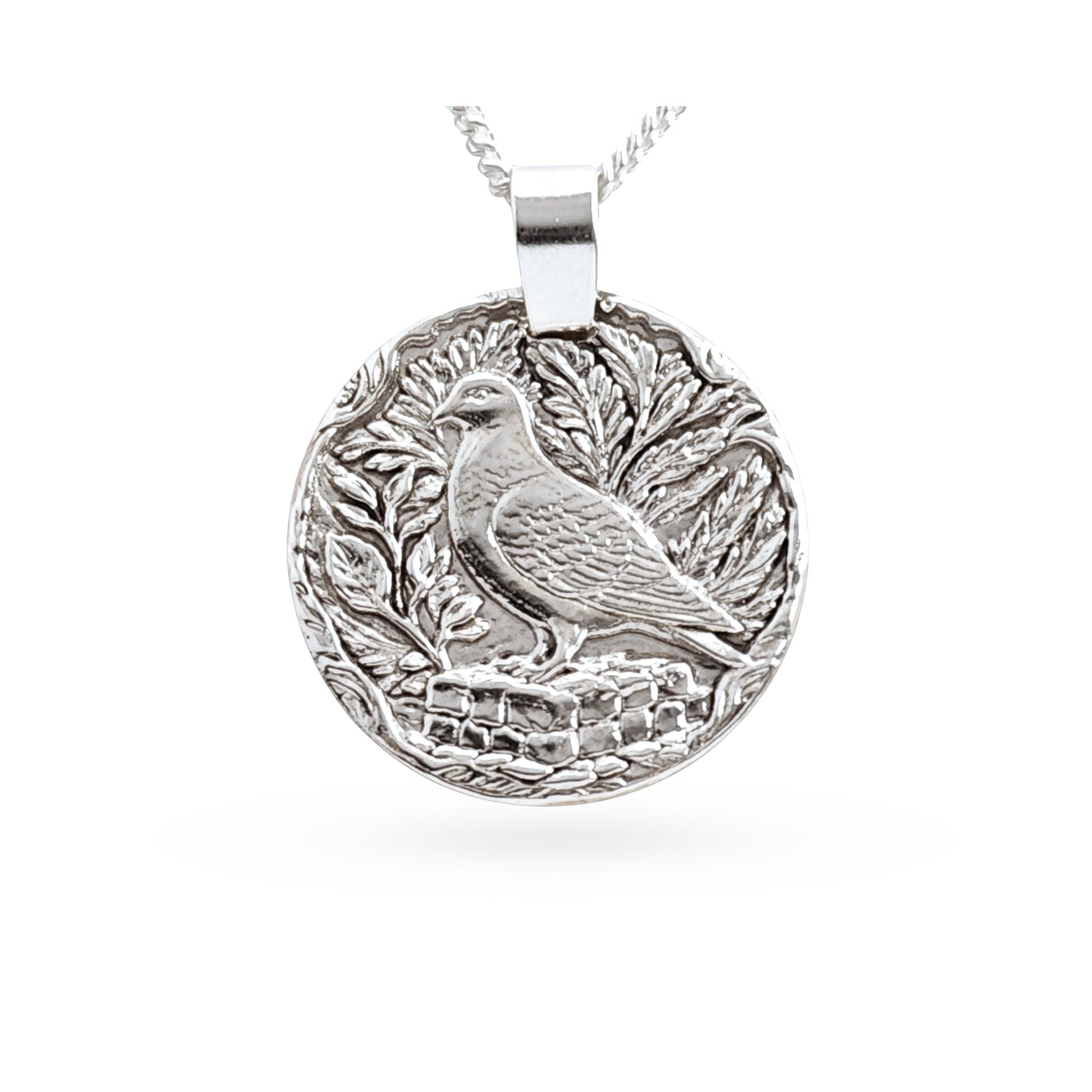Sterling silver engraved pigeon coin pendant necklace, handcrafted in the UK from recycled sterling silver