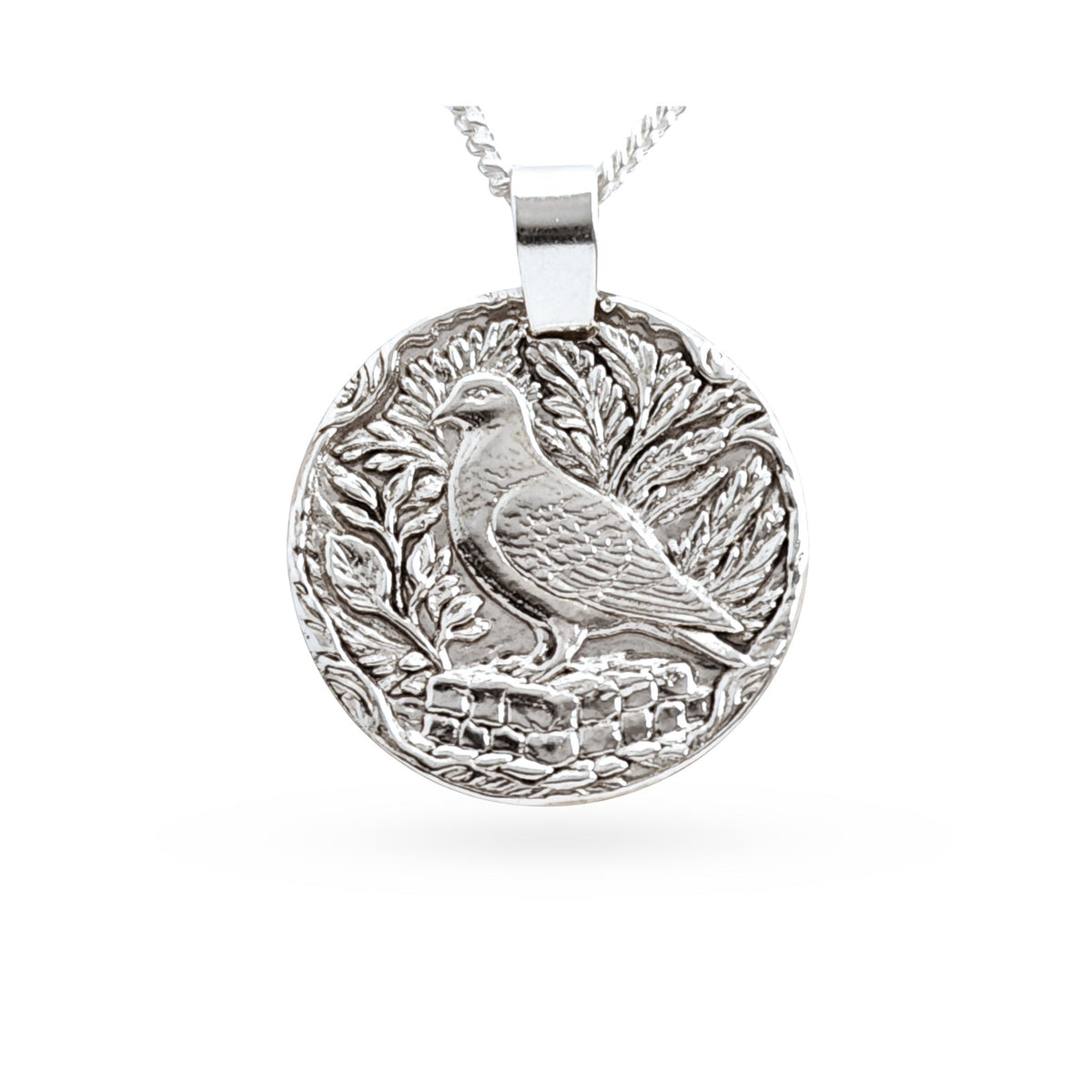 Sterling silver engraved pigeon coin pendant necklace, handcrafted in the UK from recycled sterling silver