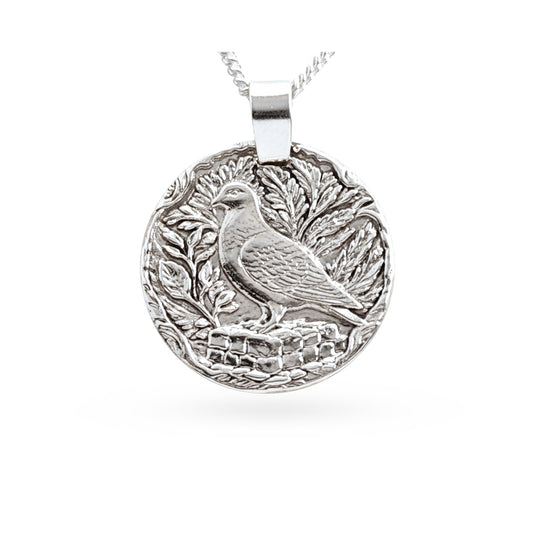 Sterling silver engraved pigeon coin pendant necklace, handcrafted in the UK from recycled sterling silver