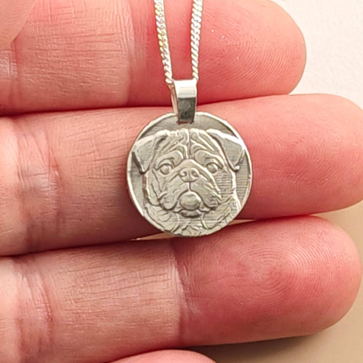 Pug Coin Necklace – Deep Engraved Recycled Sterling Silver