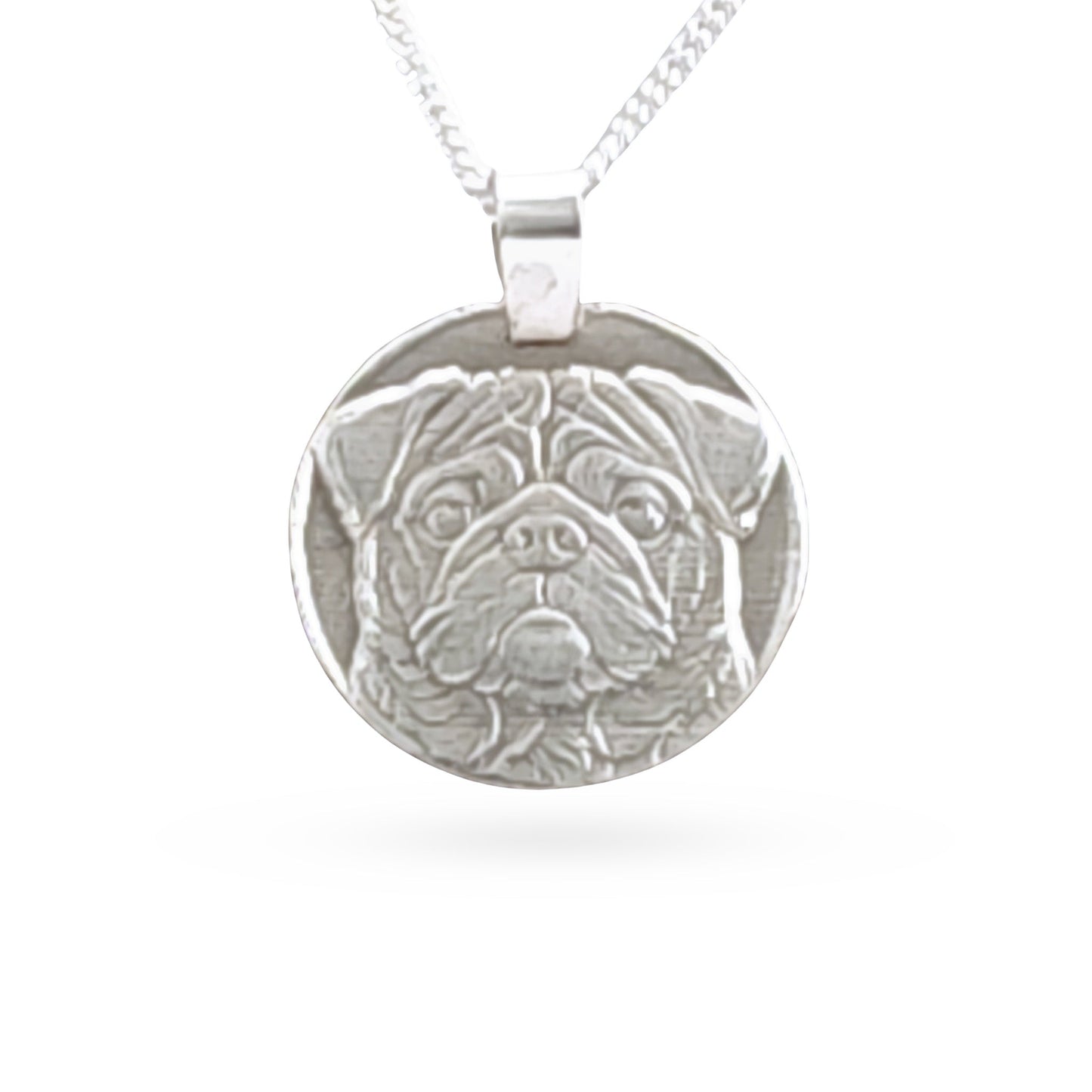 Sterling silver engraved pug coin pendant necklace, handcrafted in the UK from recycled sterling silver