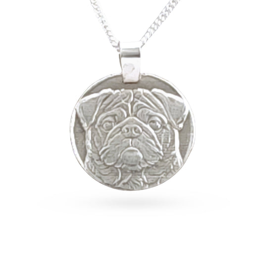 Sterling silver engraved pug coin pendant necklace, handcrafted in the UK from recycled sterling silver