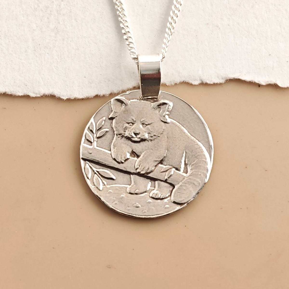 Red Panda Coin Necklace – Deep Engraved Recycled Sterling Silver