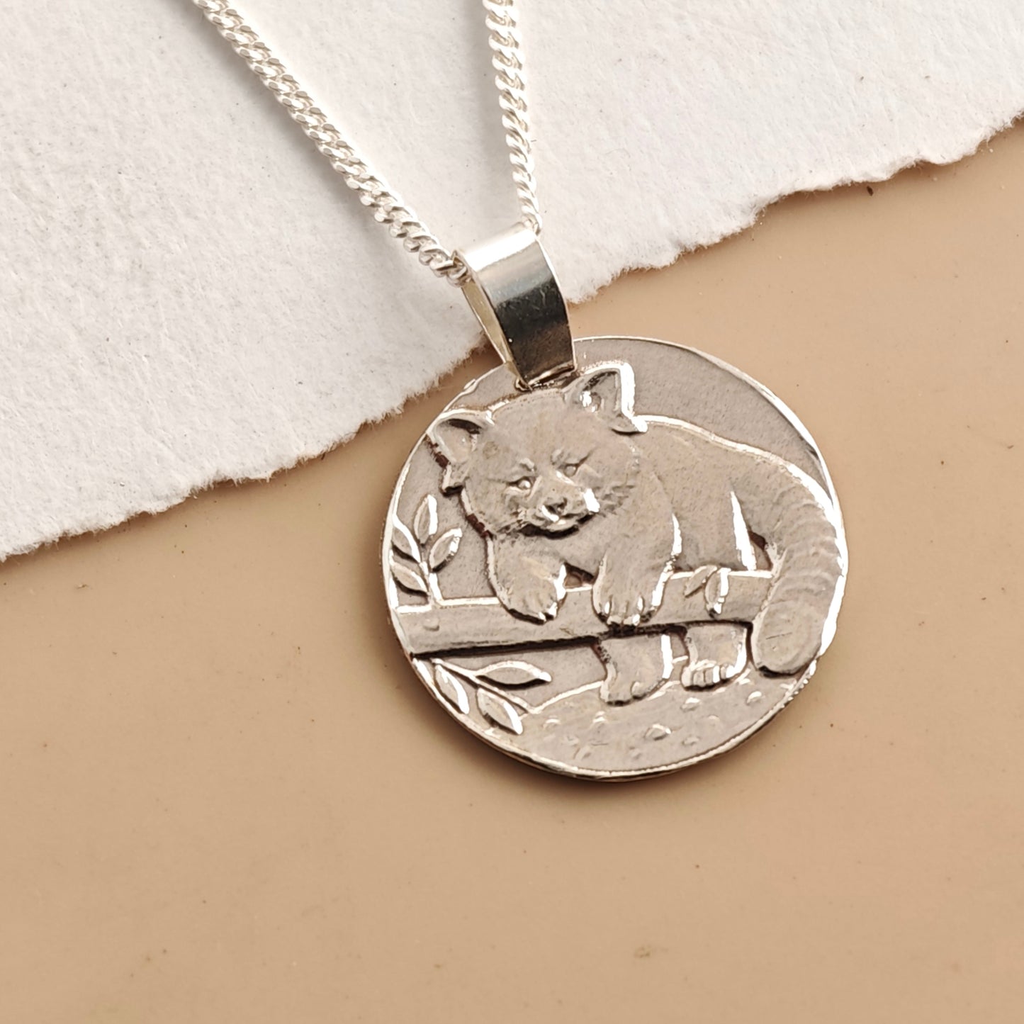 Red Panda Coin Necklace – Deep Engraved Recycled Sterling Silver