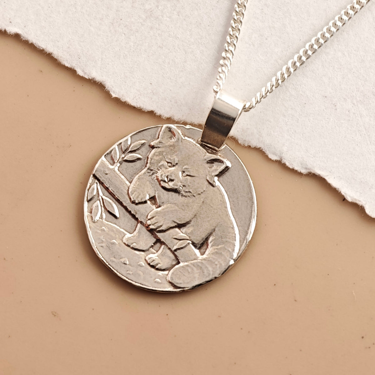 Red Panda Coin Necklace – Deep Engraved Recycled Sterling Silver
