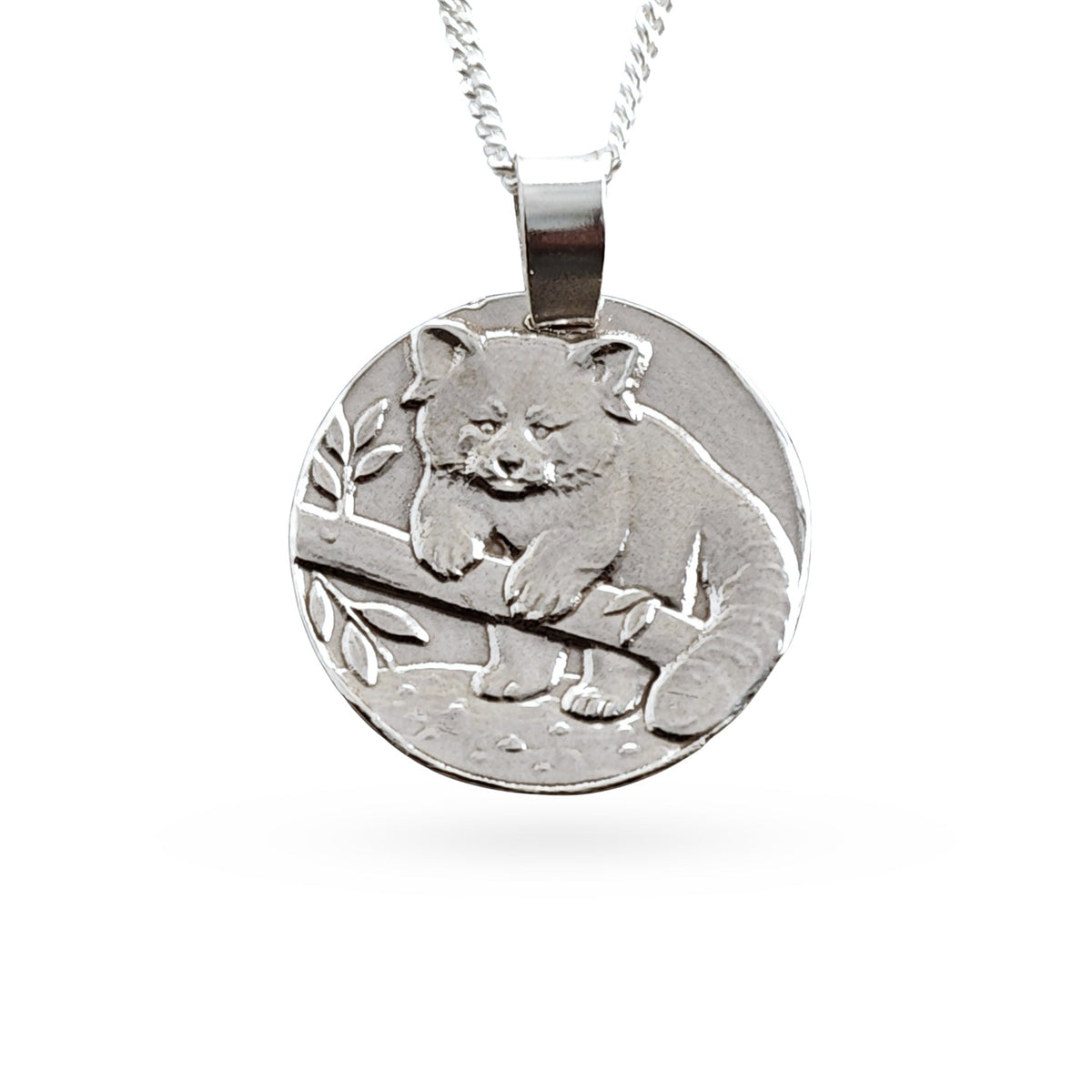 Sterling silver engraved red panda coin pendant necklace, handcrafted in the UK from recycled sterling silver