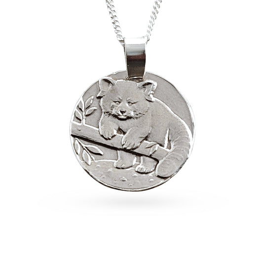 Sterling silver engraved red panda coin pendant necklace, handcrafted in the UK from recycled sterling silver