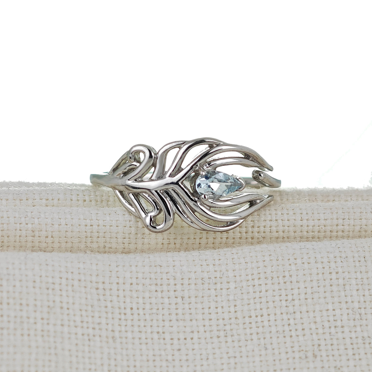 Aquamarine Peacock Feather Ring in Sterling Silver