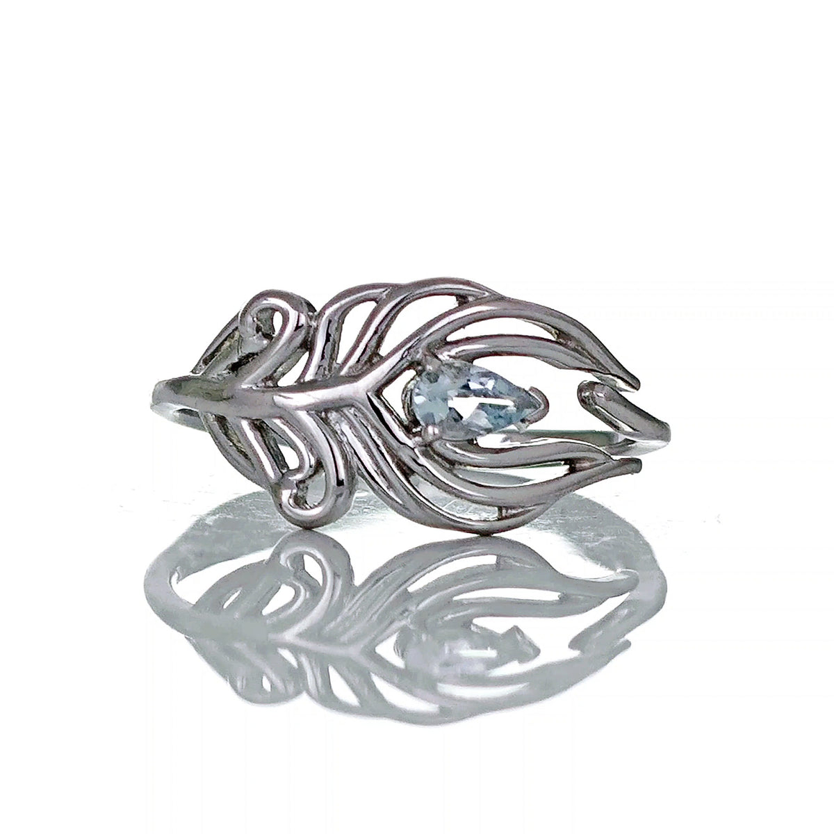 Aquamarine Peacock Feather Ring in Sterling Silver