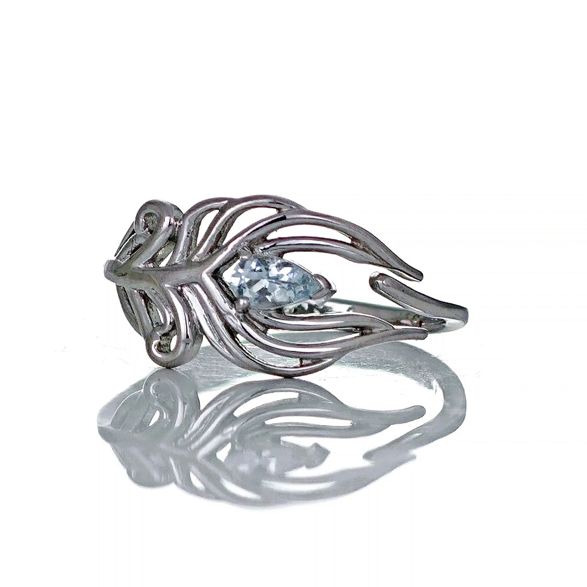 Aquamarine Peacock Feather Ring in Sterling Silver