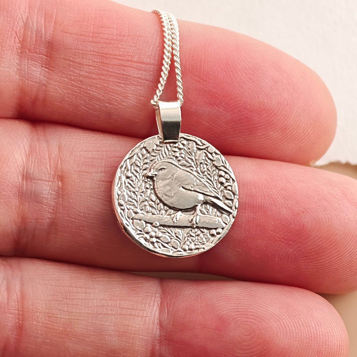 Robin Coin Necklace – Deep Engraved Recycled Sterling Silver