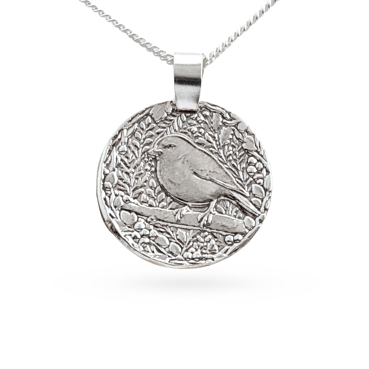Sterling silver engraved robin coin pendant necklace, handcrafted in the UK from recycled sterling silver